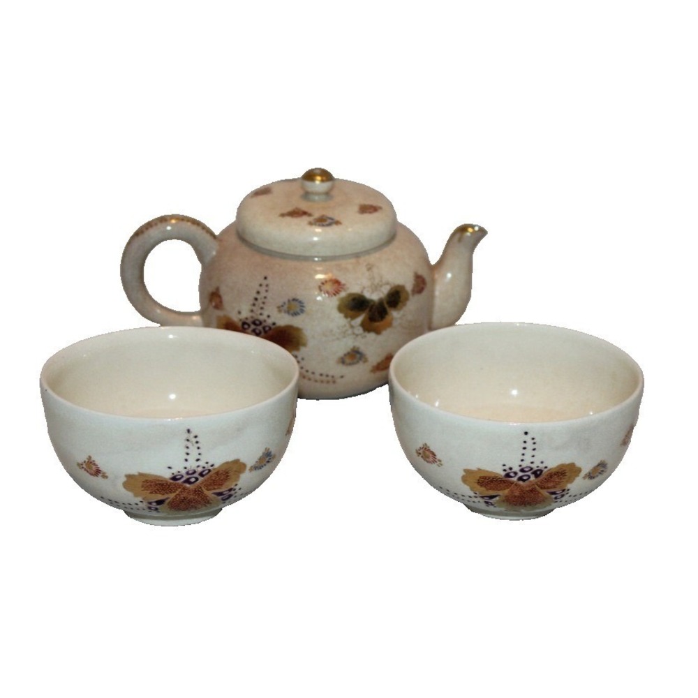 signed antique Satsuma ware Japanese tea ceremony set small teapot & 2 cups